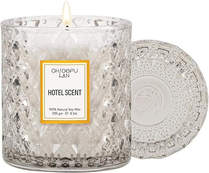 Chloefu LAN Hotel Scented Candle Natural Essential Oil, Luxury Scented Soy Jar Candle Gifts, Highly Scented, 8.1oz, Unique Blend to Promote Sleep & Relieve Stress