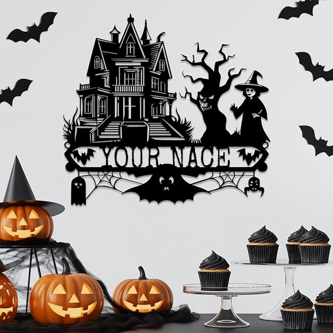 Custom Halloween Metal Wall Art with Family Name, Personalized Haunted House Metal Sign with Witch Bats Pumpkins Skull Ghost Spider, Spooky Decor for Halloween Party, Living Room, Man Cave