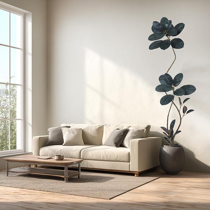 Artificial Rubber Tree Plant, 78 Inch Indoor Tree, Green with Round Planter, All Season Home Decor (Black,6.5ft)