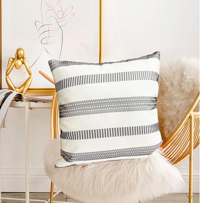 Decorative Throw Pillow Covers Set of 2 Light Gray Boho Striped Pillow Covers 16x16 Inch Throw Pillow Cover Linen Pillowcase Farmhouse Outdoor Pillow Covers for Couch Sofa Bed Living Room