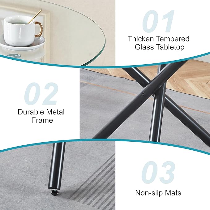 Kitchen Table Classic Dining Table for 4 Round Glass Dining Table 35.43" Kitchen & Dining Room Tables with Metal Legs and Glass Tabletop for Dining Room and Apartment, Black