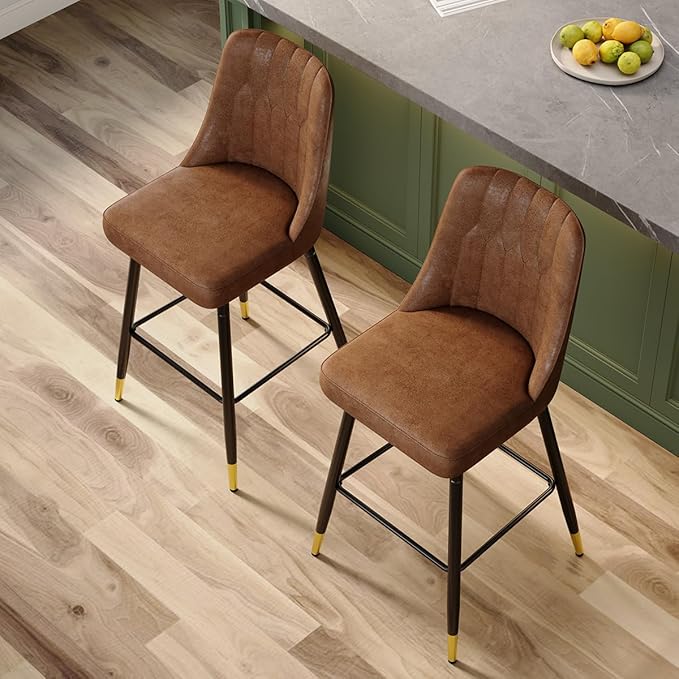 Brown Bar Stools Set of 2,27" Counter Height Bar Stools Set of 2,Faux Leather Counter Stools with Soft Padded Seat & Curved Backrest,Modern Kitchen Island Chairs for Dining Café