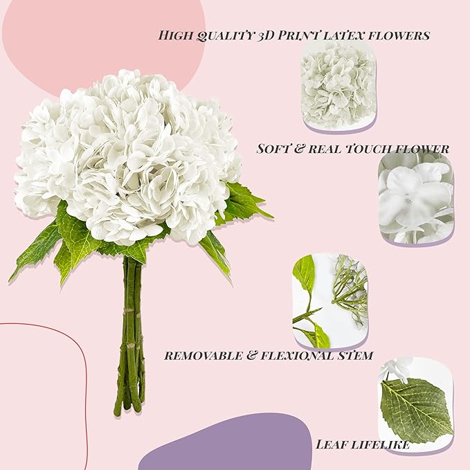 Yatim 21In White Artificial Hydrangea Flowers 5 Pcs Real Touch 3D Print Latex Flowers for Wedding Centerpieces Bouquets DIY Floral Decor Home Decoration with Stems