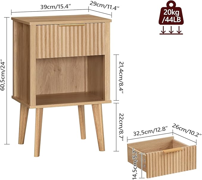 End Table, Fluted Night Stand, Modern Side Table, Bedside Table with 1 Drawer and 1 Open Compartment, Mid Century Nightstand, for Living Room, Bedroom, Study, Office, Natural ETNA6201