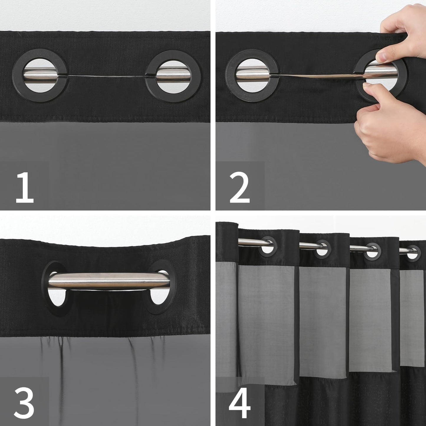 No Hooks Needed Linen Textured Shower Curtain with Snap-in Fabric Liner Set,Black Hotel Luxury Decor Shower Curtains for Bathroom,Waterproof & Washable,71Wx77H