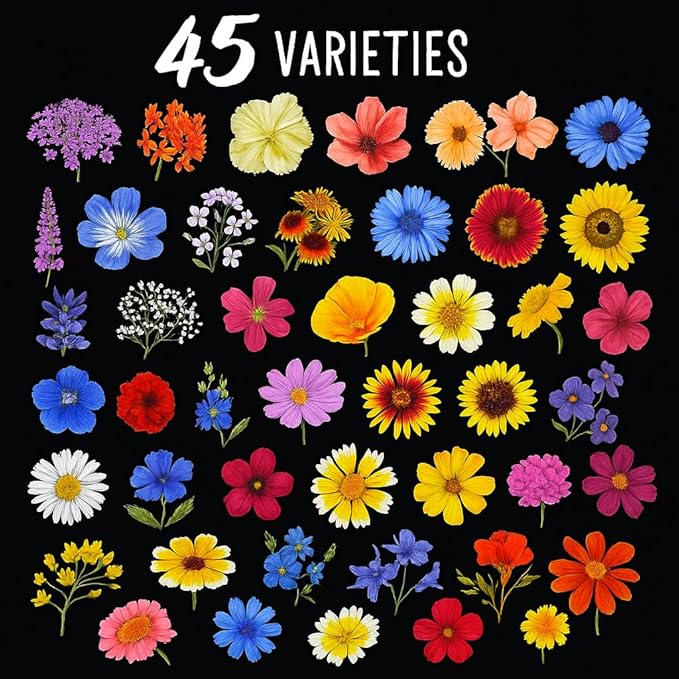 Package of 100,000 Wildflower Seeds - Save The Bees Wild Flower Seeds Collection - 45 Varieties of Pure Non-GMO Flower Seeds for Planting Including Milkweed, Poppy, and Lupine