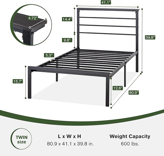 MUTICOR Twin Size Metal Platform Bed Frame with Shelf Headboard, No Box Spring Needed, Easy Assembly, Black Shelf