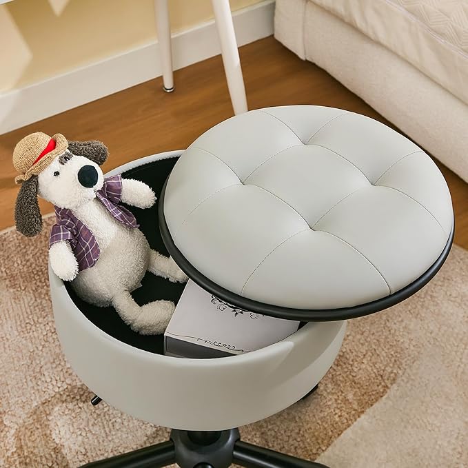 Rolling Chair (Stool & Small Table in One) (Adjustable Height Leather Pedicure Chair 20.67"-24.61"), Gray Tattoo Stool with Storage