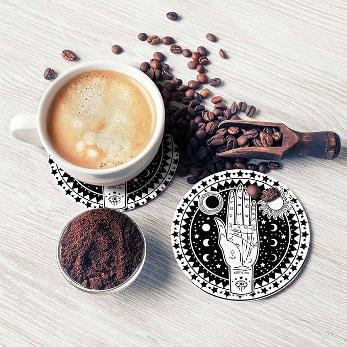 Fortune Teller Hand Coasters Set for Wood Table Palmistry Diagram Fate Mystic Occult Symbols Moon Star Sun Eye Tabletop Protection Mat for Mugs and Cups 4 Inch for Kitchen Office Home