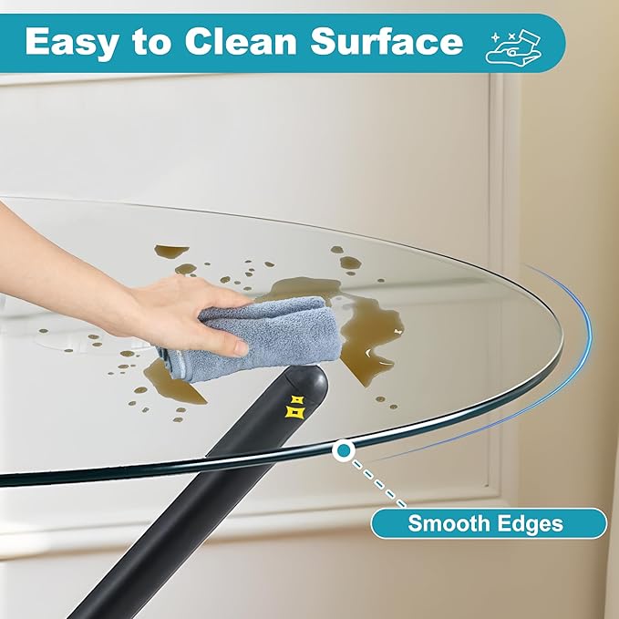 Kitchen Table for 2 Modern 36.6" Round Glass Table Small Tables with Trestle Metal Leg for Living Room and Apartment, Black