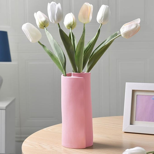 Pointnio Pink Ceramic Flower Vase,8 Inch Modern Boho Origami Decorative Vase for Home Decor,Small Vases for Pampas Grass,Minimalist Vase for Fresh Flowers,Dried Flowers,Table Shelf Living Room Decor