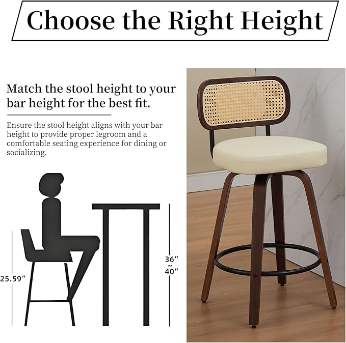 Swivel Counter Height Bar Stools Set of 4, 26 inch Bar Chairs with Curved Rattan Back, Upholstered PU Leather, Walnut Craftsmanship, Mid Century Modern Counter Stools for Kitchen Counter, Beige