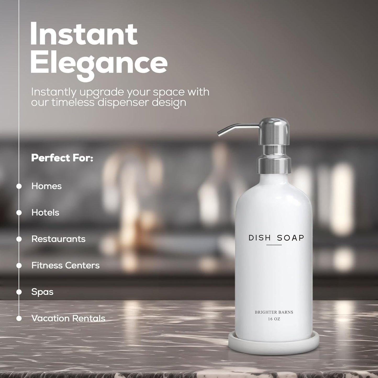 White Glass Dish Soap Dispenser for Kitchen Sink by Brighter Barns - Modern Kitchen Soap Dispenser Set - Refillable Glass Bottle with Pump - Neutral Minimalist Home Decor in Airbnb, Restaurant (White)