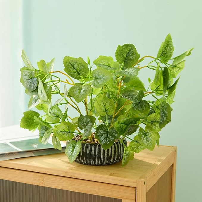 12.8" Artificial Plants Decor Fake Potted Plants with Special Leaves Greenery Faux Lifelike Silk Plants in Rustic Black Clay Planter Perfect for Indoor Home Outdoor Farmhouse Bathroom Décor