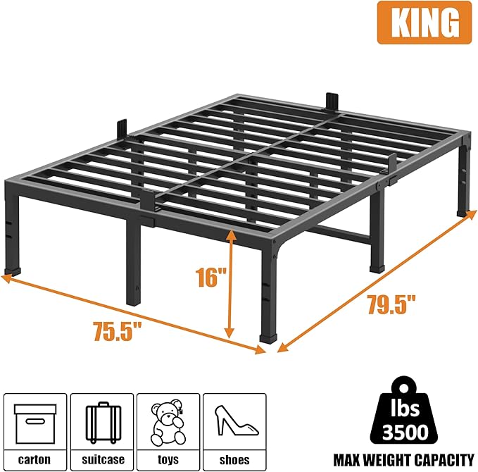 FUIOBYVV King Bed Frames, 16 Inch Heavy Duty Metal Platform Bed Frame King Size Support Up to 3500 lbs, No Box Spring Needed, Headboard Compatible, Steel Slat Support, Noise Free, Easy Assembly