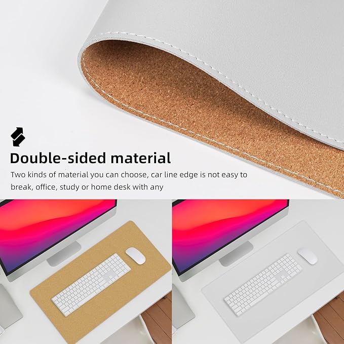 AFIING Dual-Sided Desk Pad, Natural Cork & PU Leather, Desk Mat Protector Non-Slip, Waterproof, Easy Clean,Large Mouse mats for Office and Home Work(Ivory White, 31.5"x17")