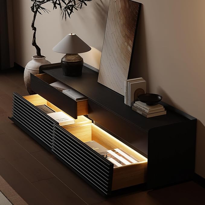 POVISON Fully-Assembled Mid Century Modern TV Stand, 78.74" Wood Media Console with Adjustable LED Light, Entertainment Center with Storage for Living Room