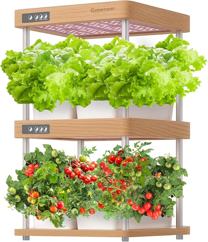 GROWNEER HydroEasy1.0 Hydroponic Growing System, 2-Tier Indoor Garden with Full-Spectrum LED Grow Lights, 32 Pods, Solid Wood Design, Independent Water Circulation, Ideal for Vegetable, Herb, Red Oak