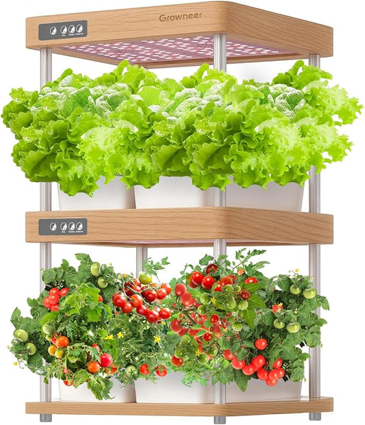 GROWNEER HydroEasy1.0 Hydroponic Growing System, 2-Tier Indoor Garden with Full-Spectrum LED Grow Lights, 32 Pods, Solid Wood Design, Independent Water Circulation, Ideal for Vegetable, Herb, Red Oak