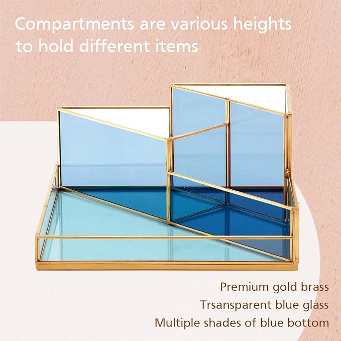 Gold & Blue Glass Desk Organizer - Elegant Office Decor, Aesthetic Makeup Brush Holder & Skincare Organizer, 4-Compartment Pen Holder, Pencil Cup, Vanity & Cosmetic Storage, Desk Accessories for Women