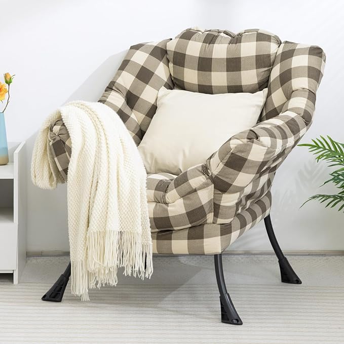 HollyHOME Fabric Lazy Chair with Foldable Ottoman, Accent Lounge Arm Chair and Folding Footrest Stool Set, Leisure Sofa Reading Chair and Footstool for Living Room, Bedroom, Dorm, Beige&Coffee Grid