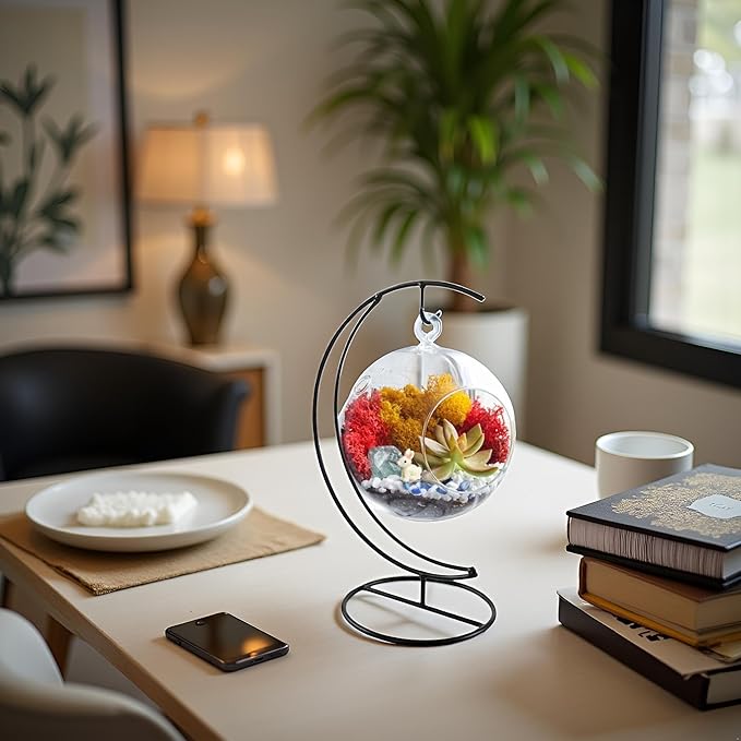 5" DIY Globe Terrarium Kit - Hanging Glass Planter with Stand for Adults & Kids - Build Your Own Mini Ecosystem with Moss, Crystals, Tools & Figurine - Handcrafted in USA
