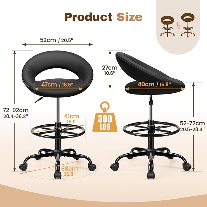 Office Drafting Chair - Bar Stools with Back Support, Adjustable Foot Rest and Wheels, Shop Rolling Swivel Chair for Standing Desk Counter Kitchen Salon Home Vanity, Black