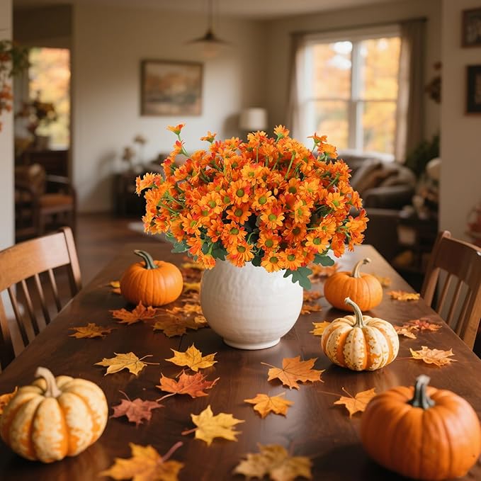 10 Bundles Artificial Mums Flowers for Fall Outdoors Planters Orange Artificial Daisy Flowers Fake Fall Mums UV Resistant Faux Silk Flowers for Home Indoor Decor Thanksgiving Window Box