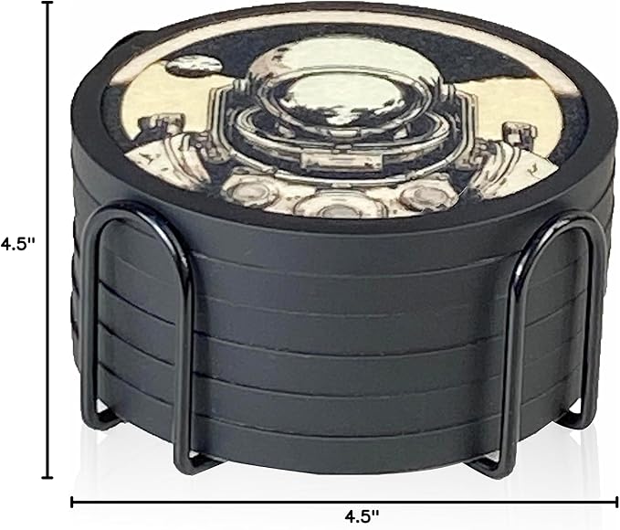 Absorbent Coasters for Drinks with Holder - 6packs, Silicone Coaster with Soft Felt Insert (4.3 inch Coasters with 4.5 inch Holder, Dual-Sided Space -Themed Patterns)