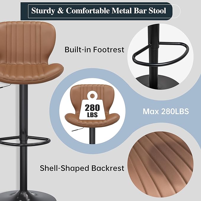 SUNLEI Swivel Swivel Bar Stools Set, Barstools Counter Height with Shell Shaped Backrest, Adjustable Moder Stools Pu Leather Bar Stool for Kitchen Counter, Island, Bars, Dining Room(Brown, Set of 2)