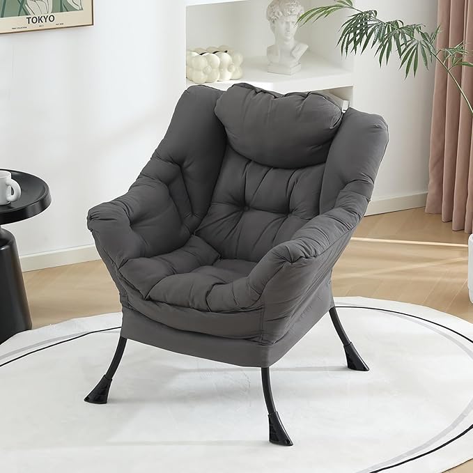Welnow Lazy Chair for Living Room, Modern Reading Lounge Accent Chair with Armrests and a Side Pocket, Leisure Upholstered Lazy Sofa for Small Space, Bedroom, Dorm, Dark Grey