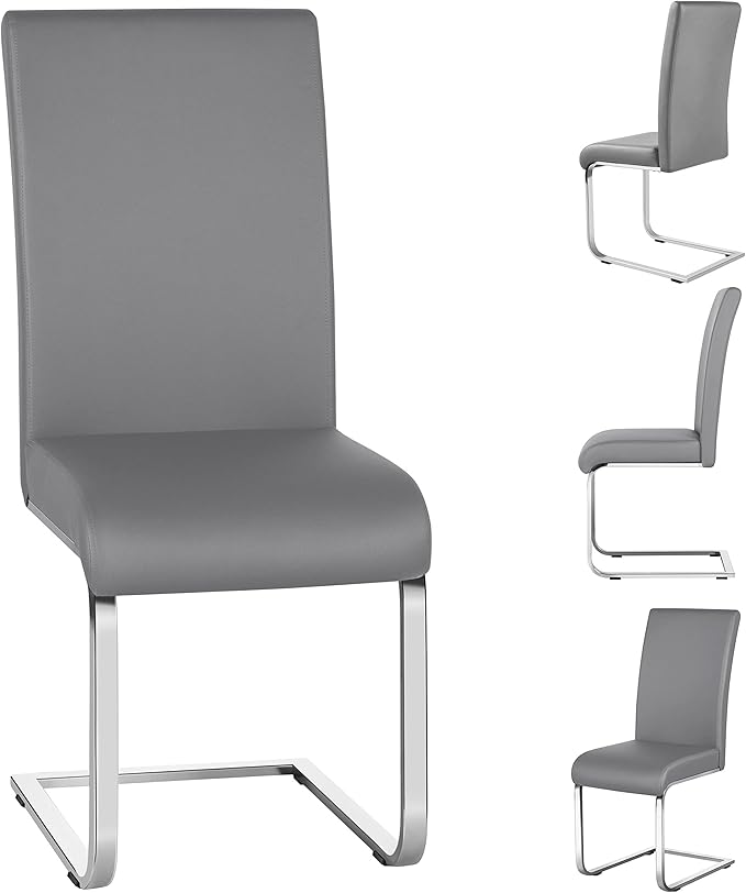Yaheetech Dining Chairs Set of 4 Modern Faux Leather Upholstered Dining Room Chairs with High Back and Metal Chrome Legs for Kitchen/Living Room/Restaurant, Light Gray