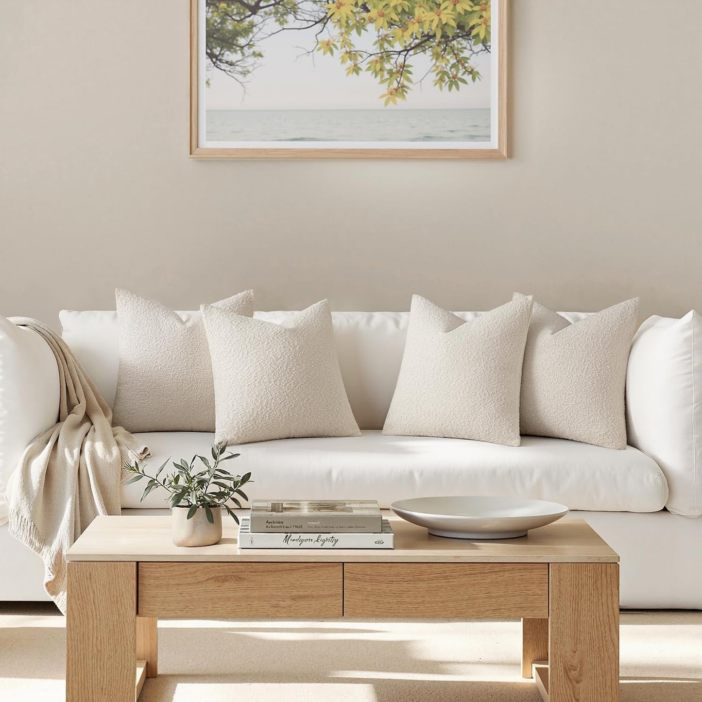 MIULEE Pack of 4 Decorative Textured Boucle Throw Pillow Covers 18x18 Inch Beige Accent Solid Pillow Cases Soft Couch Cushion Covers for Modern Farmhouse Boho Chair Sofa Bed Livingroom Home Decor