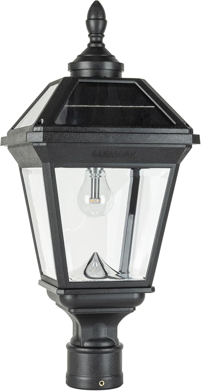 Gama Sonic Imperial II Bulb Solar Post Light, Black UV Protected Resin and Clear Lens, Outdoor Single Lamp with 3" Fitter for Lamp Posts or Pier Base and Warm White 2700K Light
