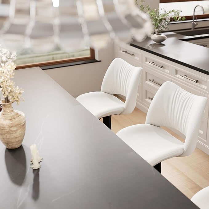 YOUNIKE Modern Bar Stools Set of 2, White PU Leather Upholstered Barstools, Swivel Adjustable Armless Counter Stool, Ergonomic Hollow Mid Backrest Bar Chair for Kitchen Island, Home Bar Counter