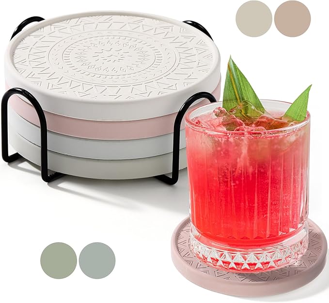 Photect Diatomaceous Earth Coasters Set with Holder Absorbent Stone Drink Coasters Instant Drying Tray for Tabletop Protection Home Decoration Housewarming Gift(Mint,4 Pcs)