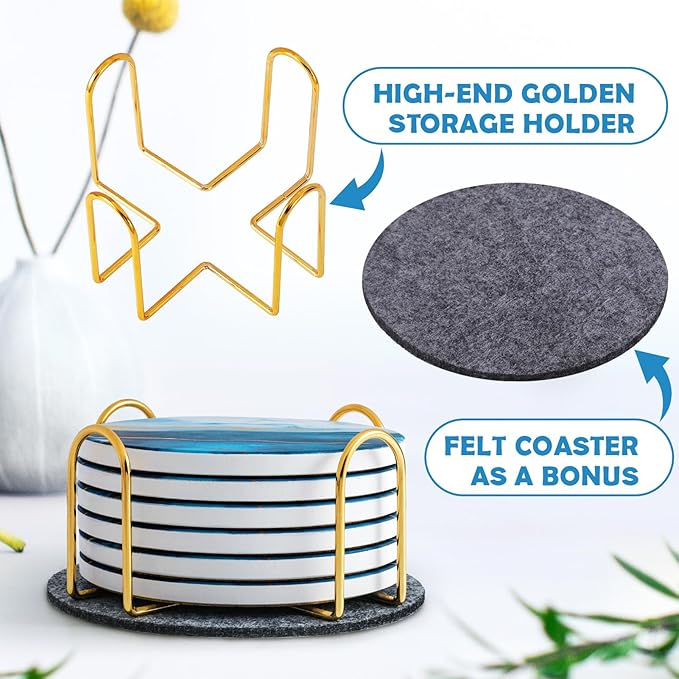 GOH DODD Coasters for Drinks Set of 6, Absorbent Marble Style Ceramic Coaster Tabletop Protection Home Decor with Metal Holder for Coffee Table, Housewarming Gifts Wedding Party, Blue, Round, 4 Inch