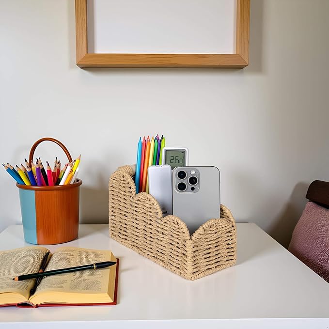 CubesLand Scalloped Pen Pencil Holder Cup, Makeup Brush Holder, TV Remote Control Holder Bedside Organizer, Office Desk Caddy Storage Organizer Accessories, Fits Farmhouse Rustic Office Decor, Beige