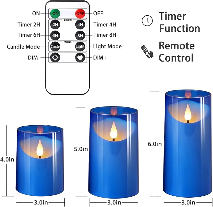 NURADA Flameless Candles: LED Pillar Acrylic Battery Candles with Remote and Timer for Wedding Party Romantic Decor - Pack of 3 Blue