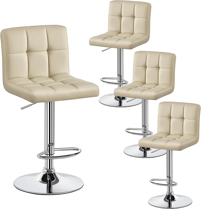 Yaheetech Bar Stools Set of 4, Adjustable PU Leather Swivel Barstools, Modern Counter Stools with Back and Footrest, Counter Height Barstools for Bar, Kitchen, Dining Room, Khaki