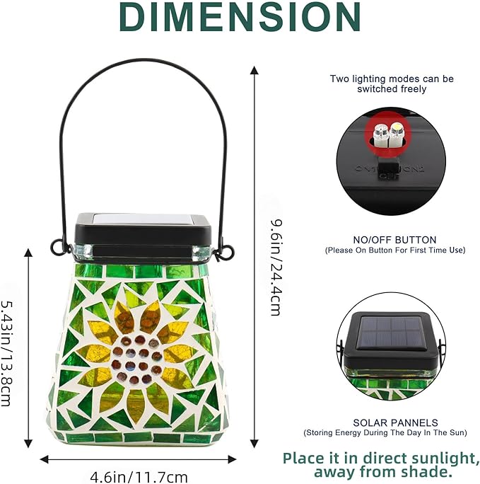 VOREEN Mosaic Solar Lanterns, Handmade Outdoor Glass Hanging Lights, IP44 Waterproof Solar Table Lamps, Decor for Garden, Patio, Yard, Party, Balcony, Gift for Mom Wife Friend, Sunflower Design