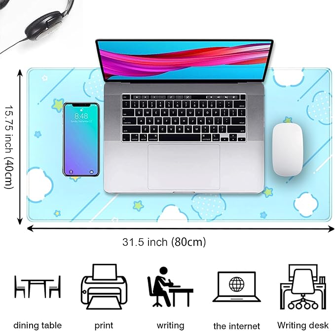 Kawaii Pastel Blue Star Grid Desk Pad, Large Gaming Mousepad & Keyboard Mat, XXL Office Desk Decor for Women, 31.5"x15.75"