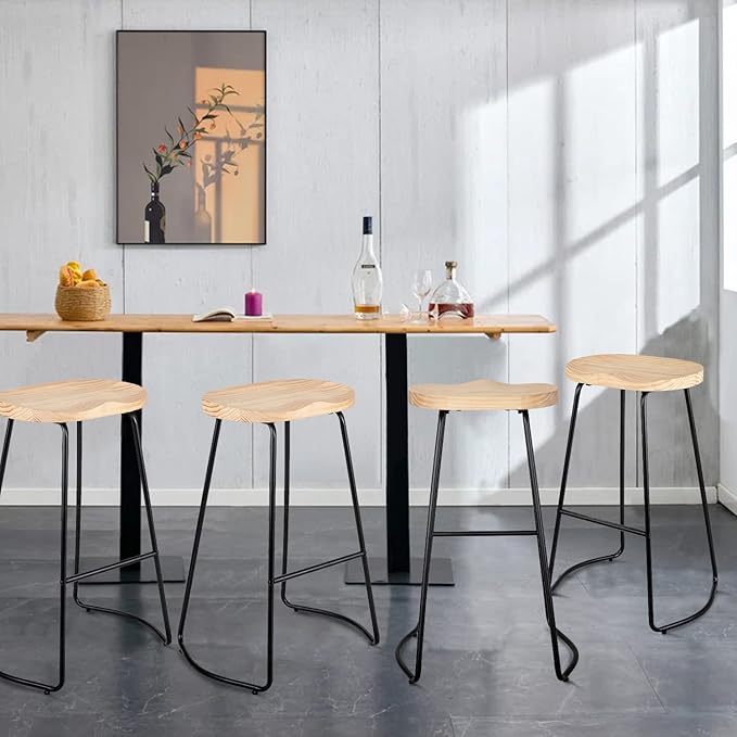 HeuGah Bar Stools Set of 4, Saddle Seat Bar Stools with Metal Legs, Rustic Backless Counter Height Stools, Industrial Counter Stools (Burlywood, 30 Inch)