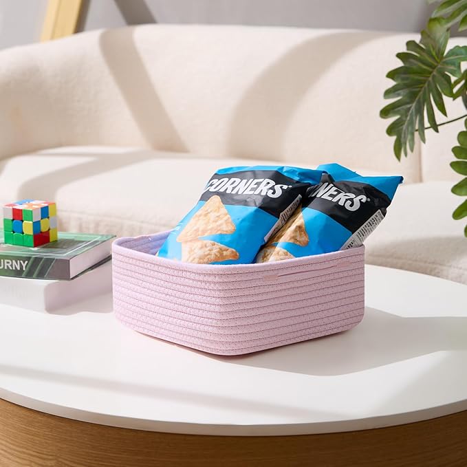 Small Square Shallow Baskets for Organizing, 9.7x9.7x4.3 Inch Rope Woven Storage Bins for Cubes Closet, Shelves Storage, Boho Decorative Basket, 2 Packs Light Pink