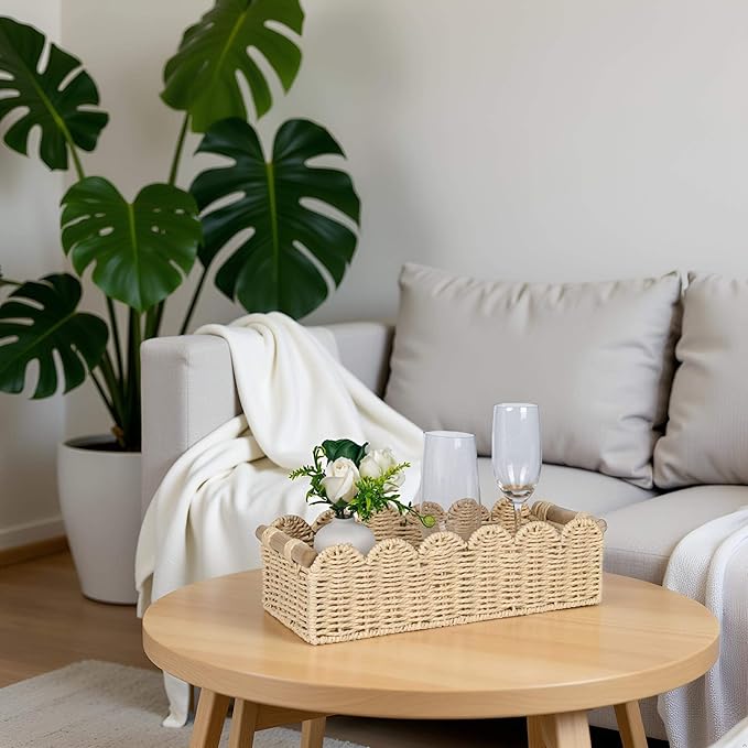 CubesLand Scalloped Decor Basket for Living Room, Home, Bathroom, 2SAME SIZE Paper Rope Basket, Toilet Storage Baskets for Over Toilet Storage Shelf, Cute Woven Basket Both Storage&Decor, Beige