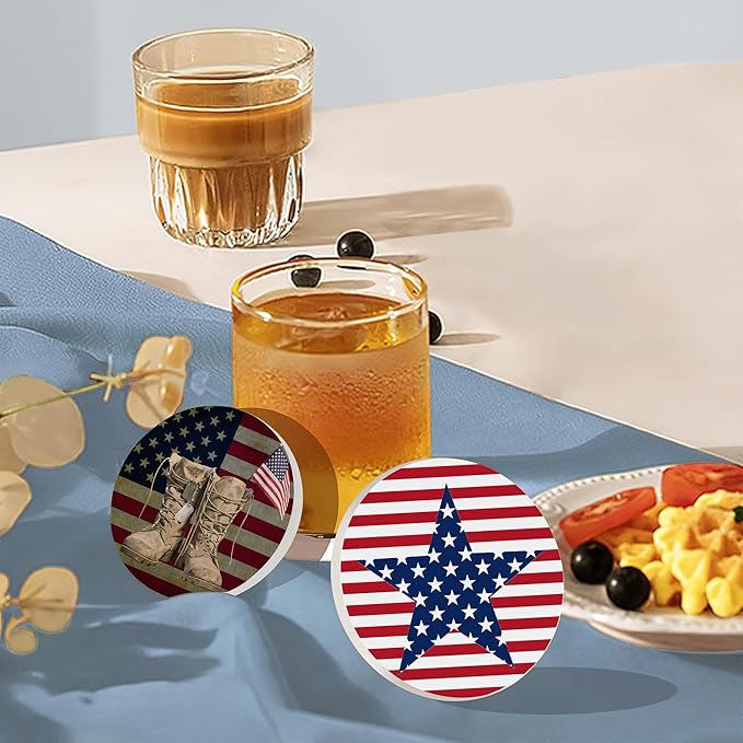 Drink Coasters Set of 6 with Holder, American Flag Eagle Absorbent Ceramic Drink Coaster for Tabletop Protection,Suitable for Kinds of Cups,Drinks Coasters for Home Office Decoration(4 Inches)