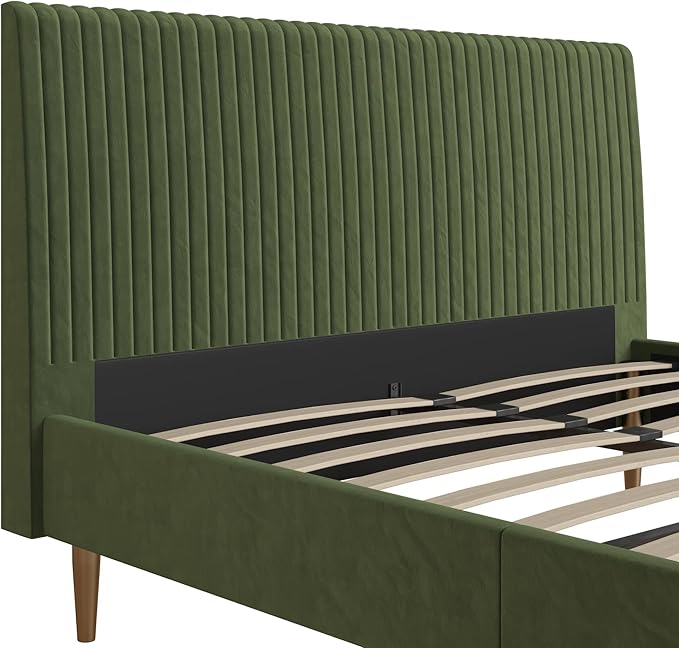 Mr. Kate Daphne Upholstered Bed with Vertical Channel Tufted Headboard, Full, Olive Green Velvet