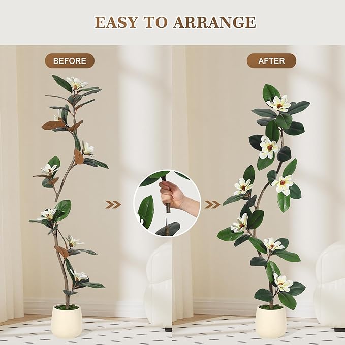 Rubber Tree 5 ft Artificial Tree in White Planter Pot, Faux Plants Indoor Faux Floor Plant Artificial Plants with 7 Pcs Magnolia Flowers for Home Decor, Artificial Fiddle Leaf Fig Tree for Office