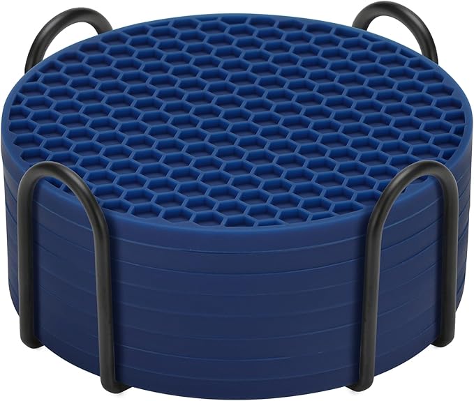 Silicone Coasters Set of 8 with Holder,Coasters Drinks,Beer,Coffee Coasters,Suitable Kinds Cups,Hot or Cold,Anti-SLI,Non-Stick,Anti-Overflow Tabletop Protection and Decor (8 Pcs, Navy Blue)