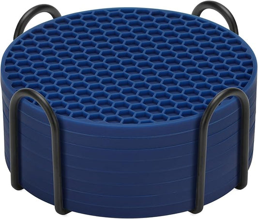 Silicone Coasters Set of 8 with Holder,Coasters Drinks,Beer,Coffee Coasters,Suitable Kinds Cups,Hot or Cold,Anti-SLI,Non-Stick,Anti-Overflow Tabletop Protection and Decor (8 Pcs, Navy Blue)